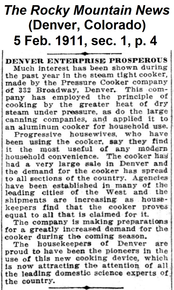 Image of article
                        from the Rocky Mountain News of 5 February 1911 offering
                        praise for the pressure cooker and for Zeno's company.