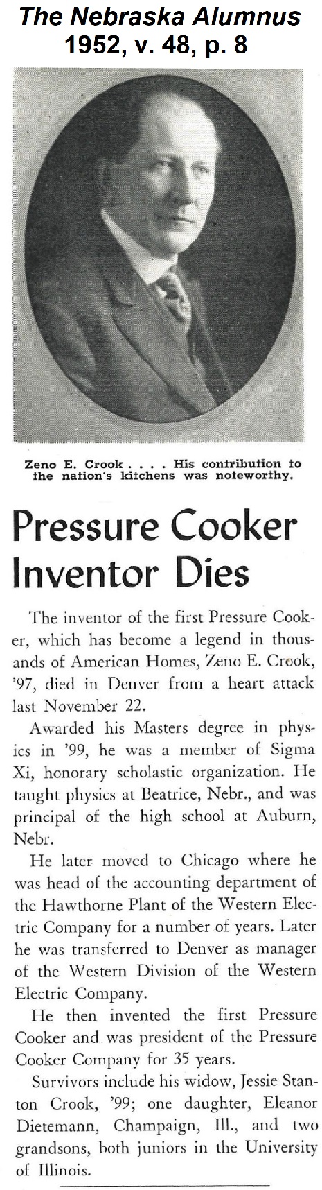 Obituary of Zeno Crook
                from The Nebraska Alumnus, 1952, volume 48.