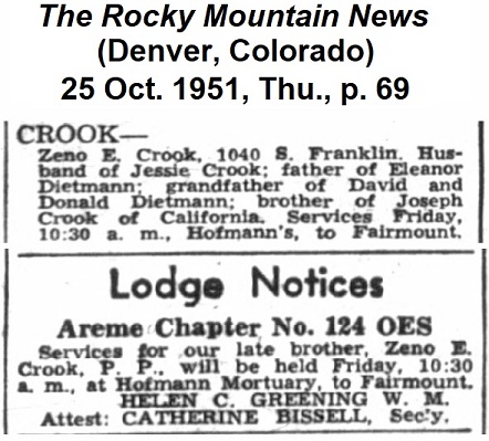 Funeral notice for Zeno Crook
                from The Rocky Mountain News of 25 October 1951.