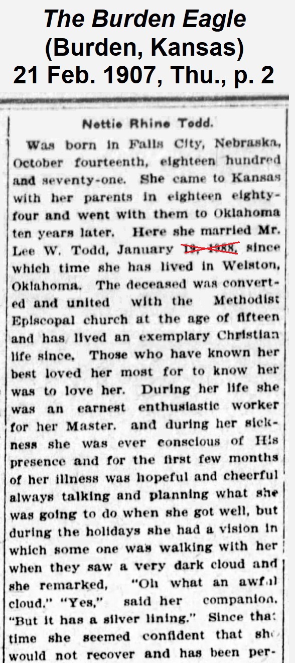 First part of obituary of
                Nettie Rhine Todd from The Burden Eagle of 21 February 1907.