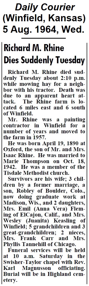 Richard's obituary from The Winfield Daily
                Courier of 5 August 1964.