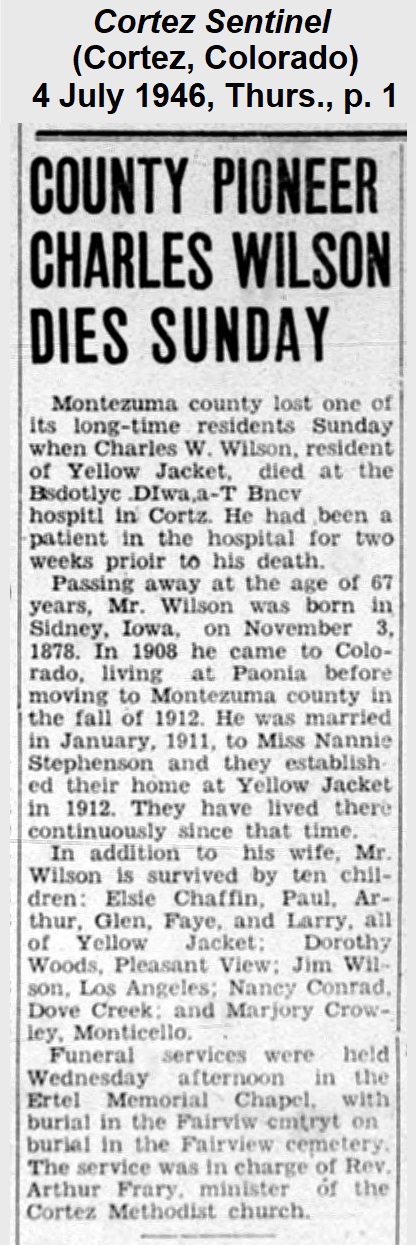 Image of obituary for Charles
                Wilson from the Cortez Sentinel of 4 July 1946