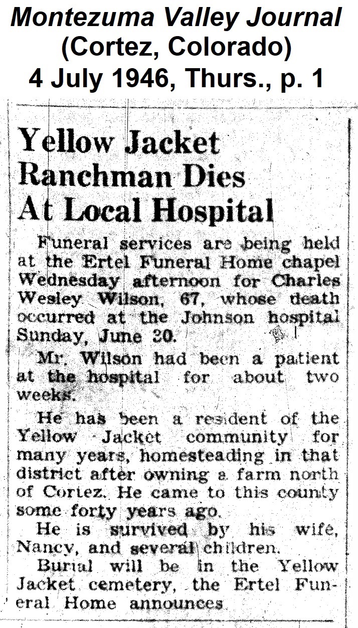 Image of obituary for Charles
                Wilson from the Montezuma Valley Journal of 4 July 1946