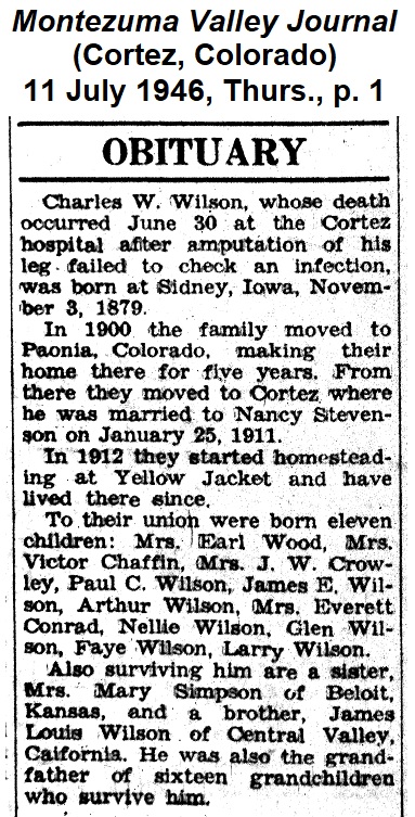 Image of obituary for Charles
                Wilson from the Montezuma Valley Journal of 11 July 1946