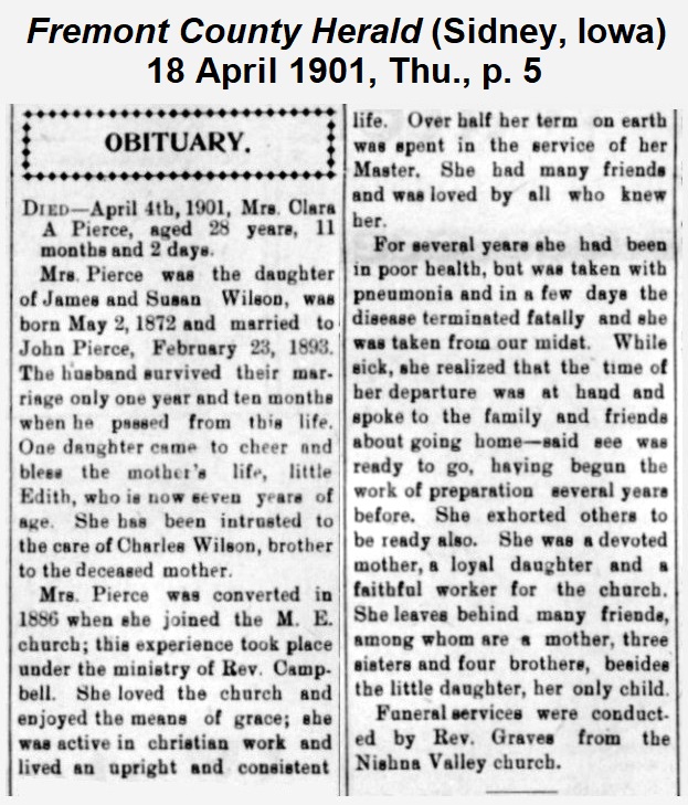 Image of
                Clara's obituary from the Fremont County Herald.