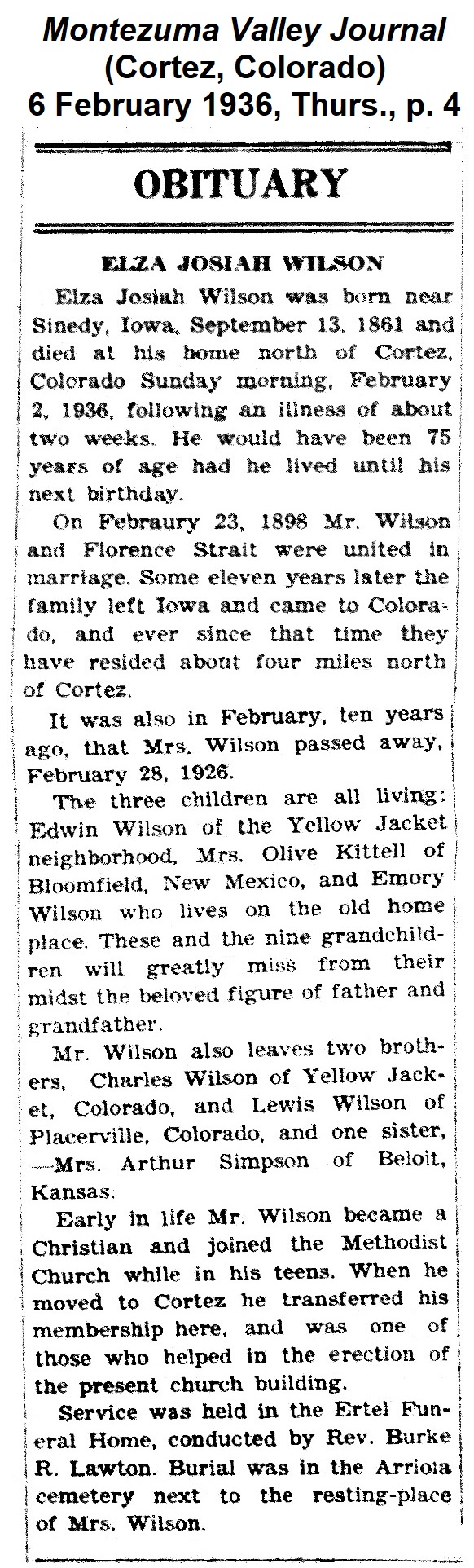 Image of obituary for Elza Josiah
                Wilson from the Montezuma Valley Journal of 6 February 1936