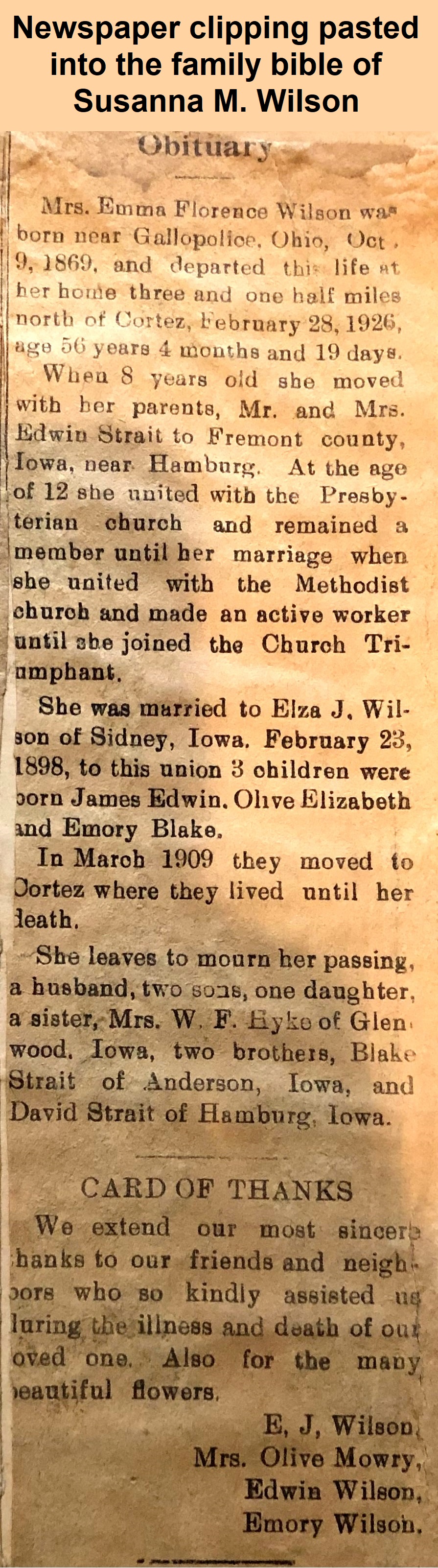 Image of obituary for Emma
                Florence Wilson found pasted into the family bible of Susanna M.
                Wilson