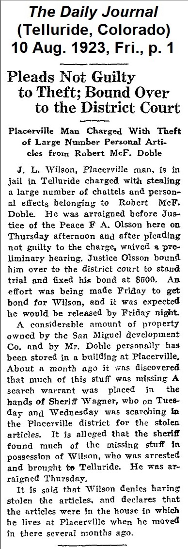Image of
                        article from the Telluride, Colorado, Daily Journal of 10                        August 1923 describing how Lew was charged with the theft                        of property from a warehouse in Placerville