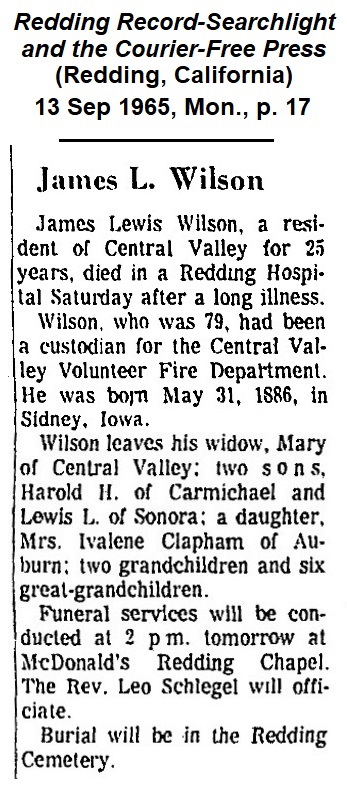 Image of obituary for
                James Lewis Wilson, from the Redding Record Searchlight
                and Courier-Free Press of 13 September 1965