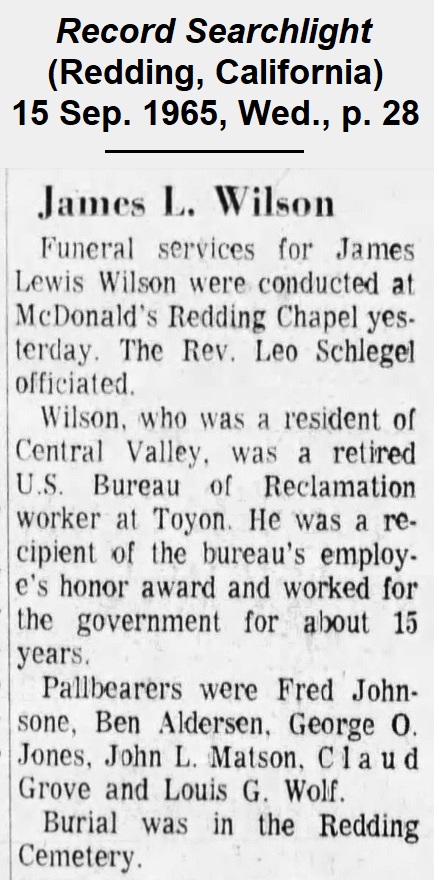 Image of obituary for James
                Lewis Wilson, from the Redding, California, Record
                Searchlight of 15 September 1965