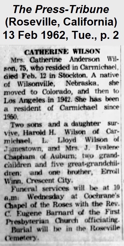 Image of obituary for Catherine
                Lourilla (Anderson) Wilson, from the Roseville, California,
                Press-Tribune of 13 February 1962