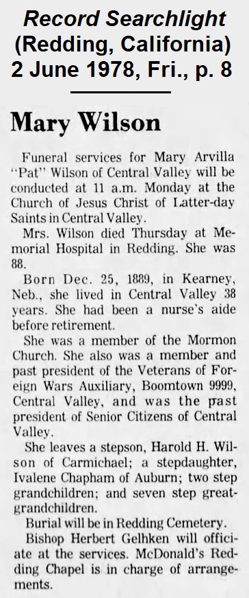 Image of obituary for Mary
                Arvilla (Patterson) Wilson, from the Redding, California,
                Record Searchlight of 2 June 1978
