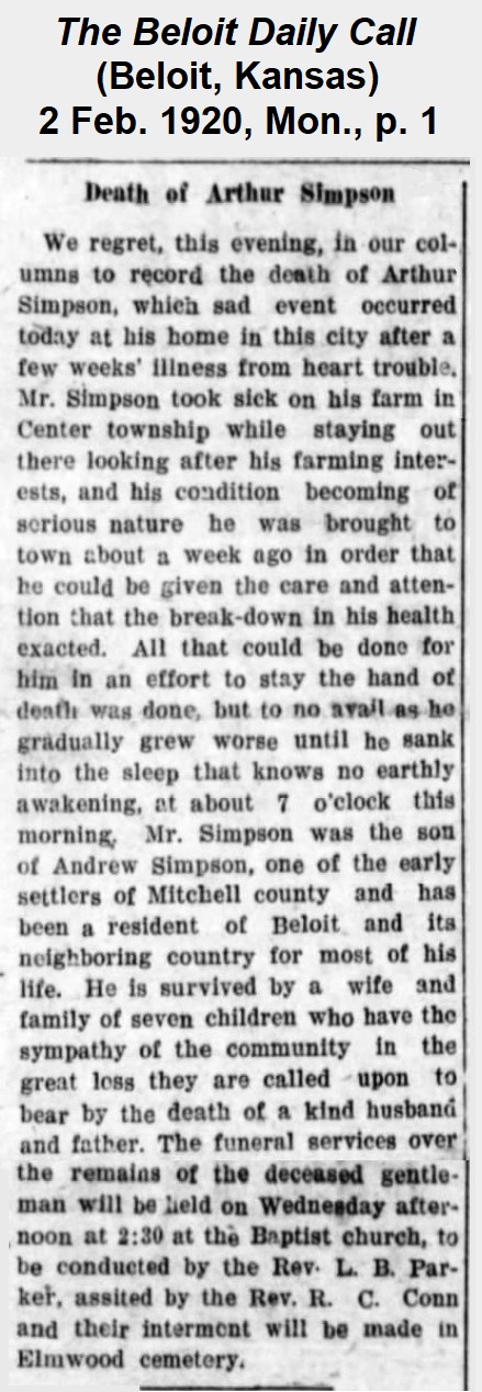 Obituary of Arthur from the Beloit Daily Call of 2 February 1920.