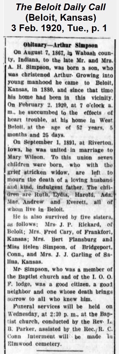 Beginning of Arthur's obituary from the Beloit Daily Call of 3 February 1920.