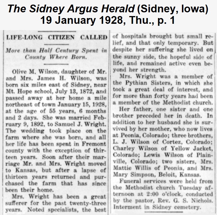 Image
                of obituary for Olive Mae (Wilson) Wright from the Sidney Argus Herald
                of 19 January 1928