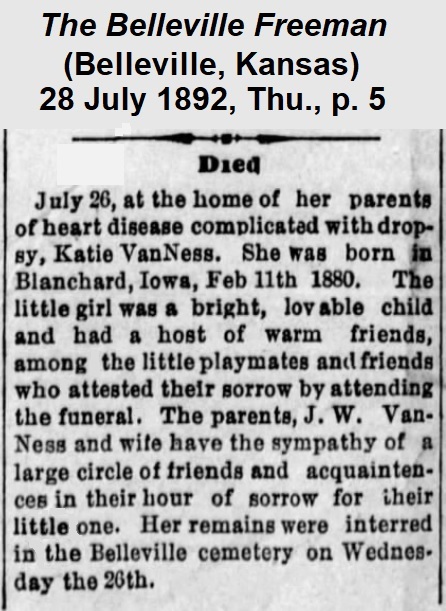 Clippping from The Belleville Freeman reporting the death of Katie VanNess on 26 July 1892.