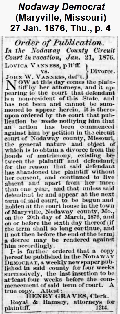 Clippping from The Nodaway Democrat showing Lovica VanNess suing for divorce in January 1876.