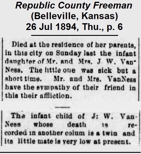Clippings from the Belleville County Freeman reporting the death of a nine-month-old VanNess girl (twin to Harry VanNess) on 21 July 1894.
