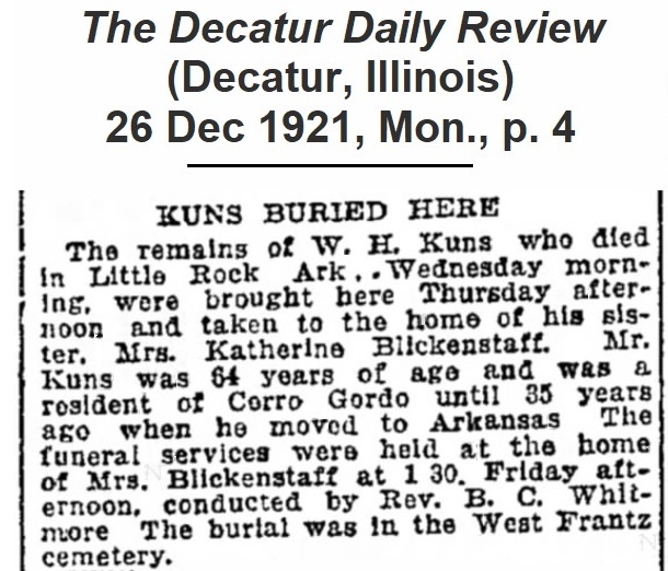 W. H. Kuns obituary from The 
              Decatur Daily Review of 26 December 1921.